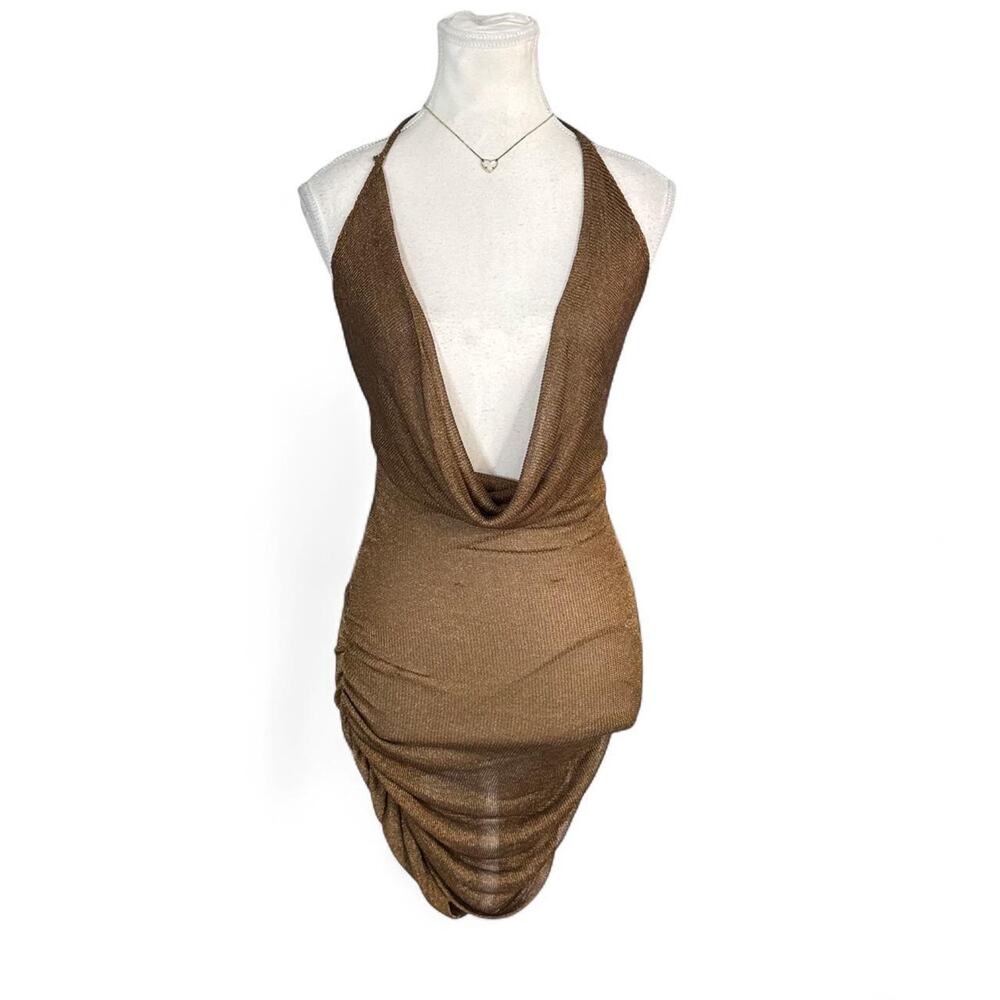 Outcast clothing cowl neck goldish brown mini dress going out club vibes size XS